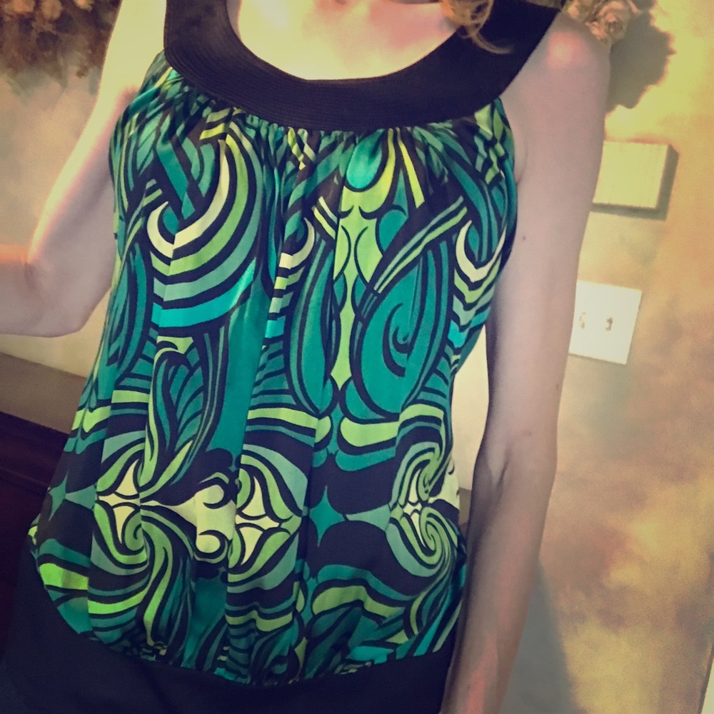 Bebe Green and Black Silk Top Blouse XXS